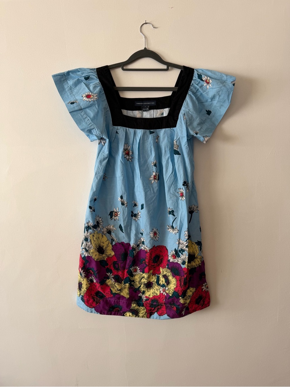 French Connection Light Blue Floral Hem Cotton Dress Navy Square Neckline Size 2